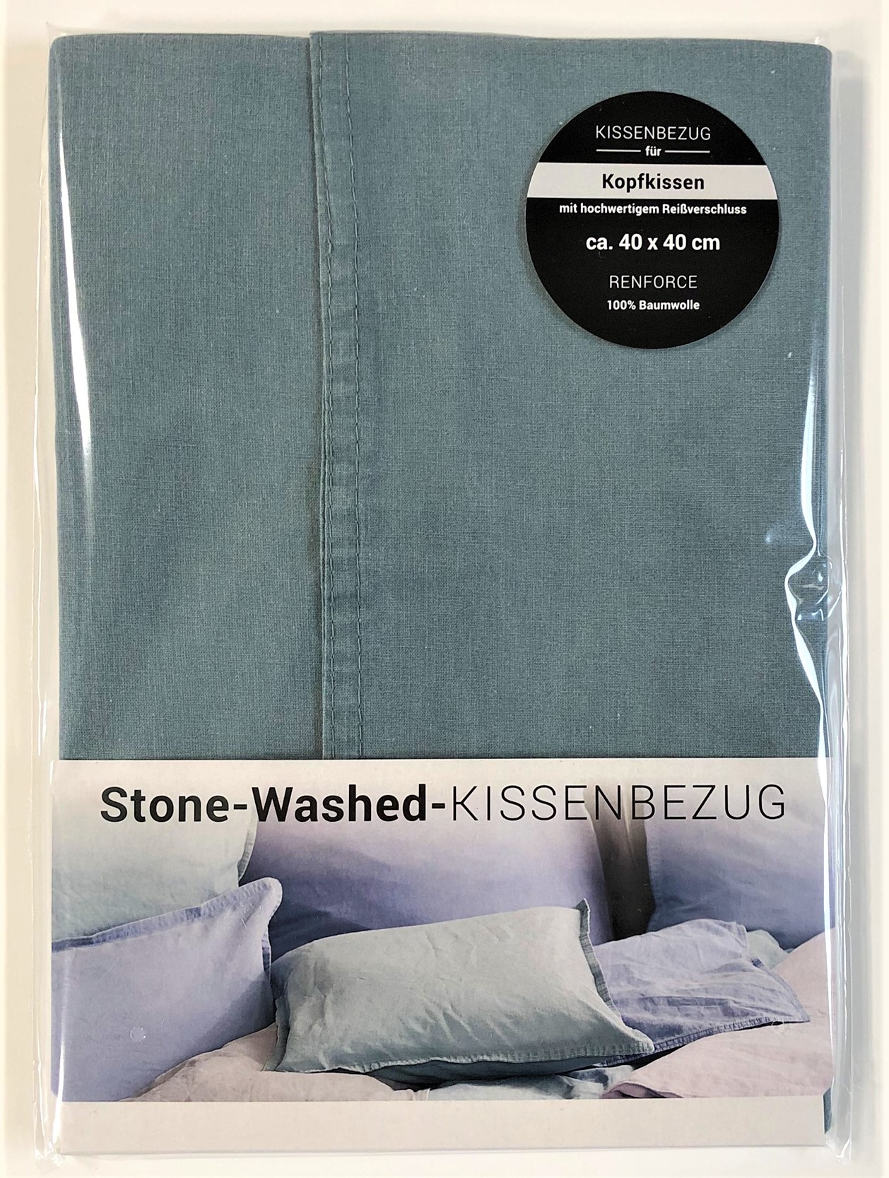 Bettwäsche Kissenhülle 40x40 cm Vintage Used-Look uni grau-grün Stone Washed 100% Baumwolle
