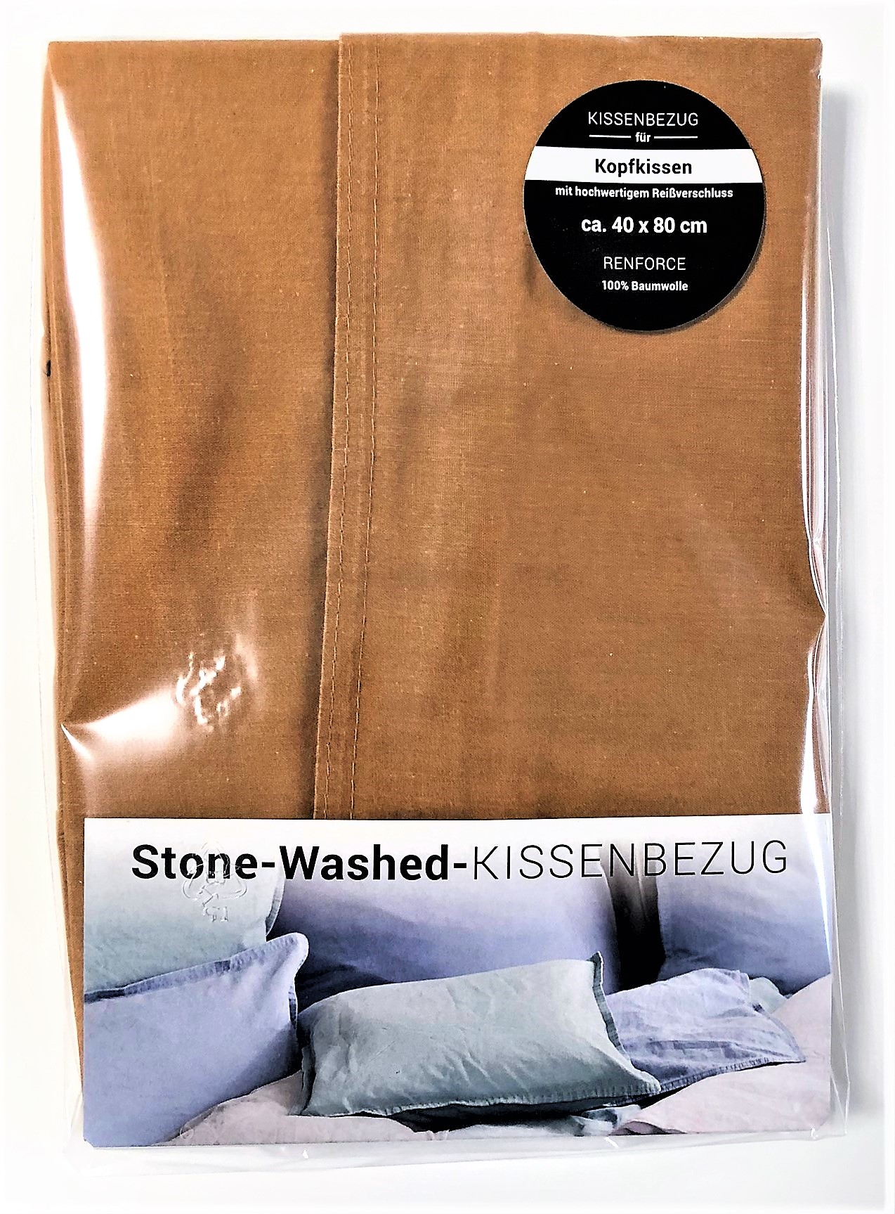 Bettwäsche Kissenhülle 40x80 cm Vintage Used-Look uni curry Stone Washed 100% Baumwolle
